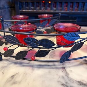 Set of 2 Red Glass Tealight Holder with Black Leaf Metal Frame